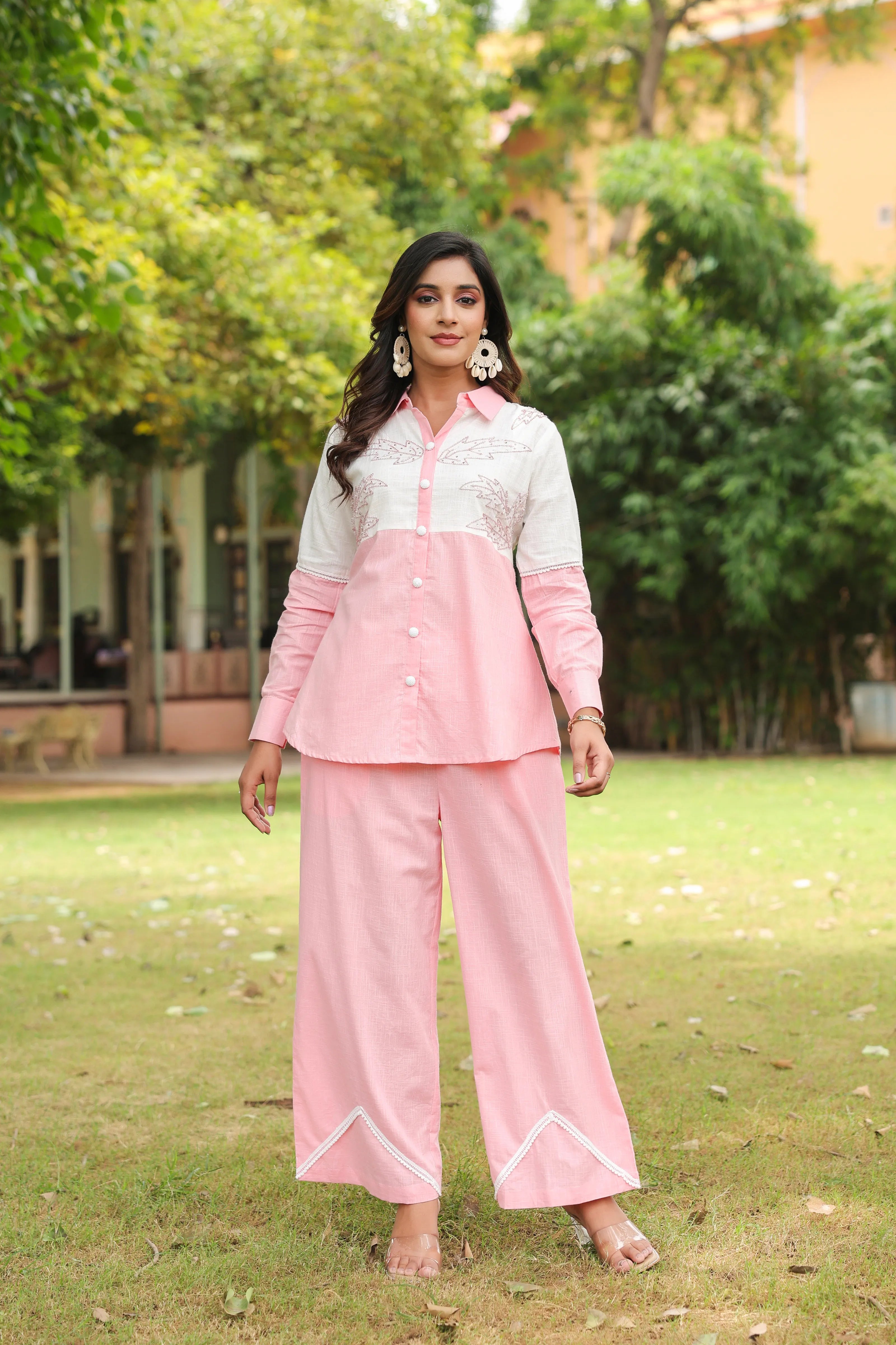 Pink & White Cotton Slub Leaf Embroidered Co-ord Set