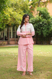 Pink & White Cotton Slub Leaf Embroidered Co-ord Set