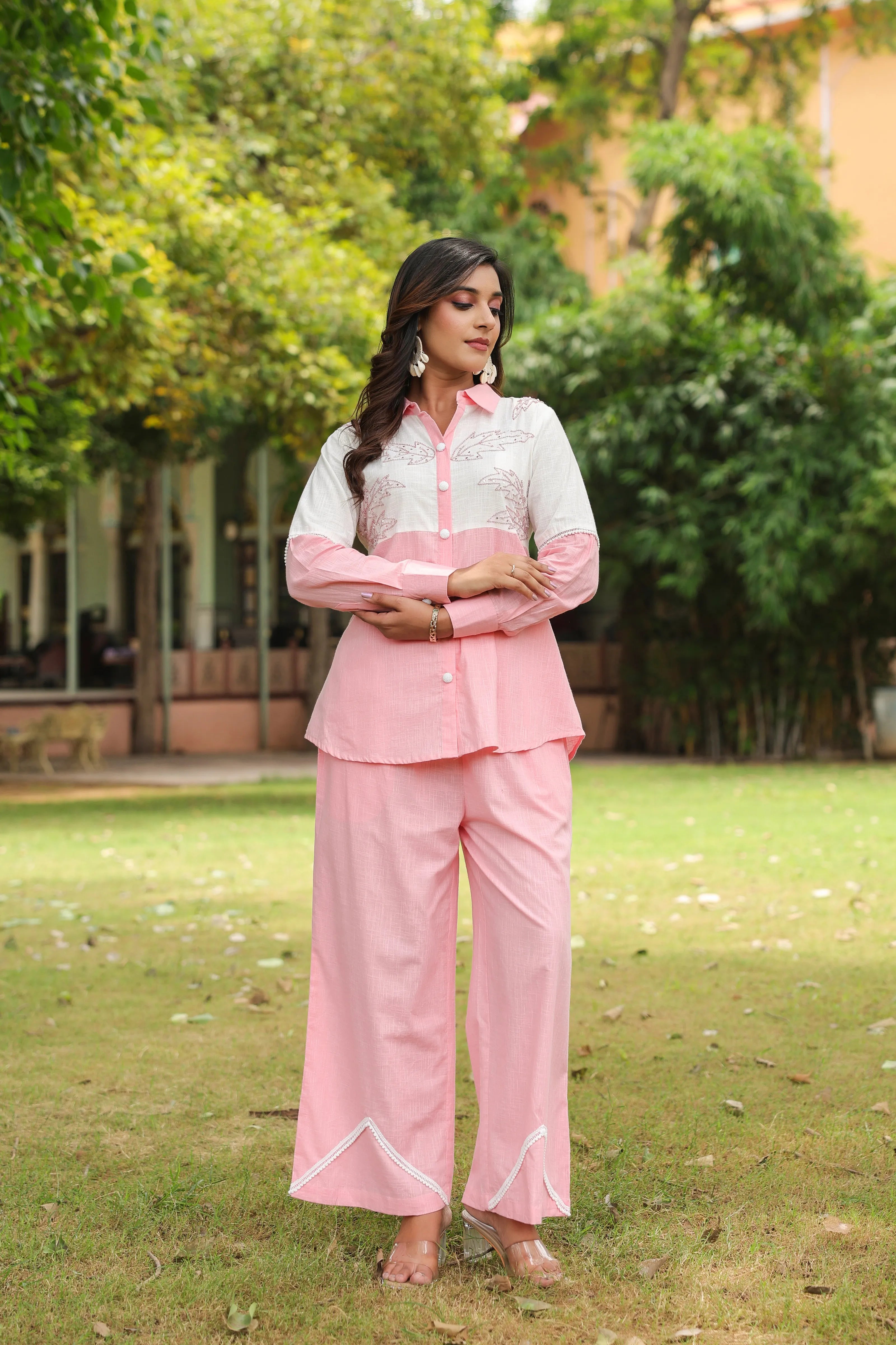 Pink & White Cotton Slub Leaf Embroidered Co-ord Set