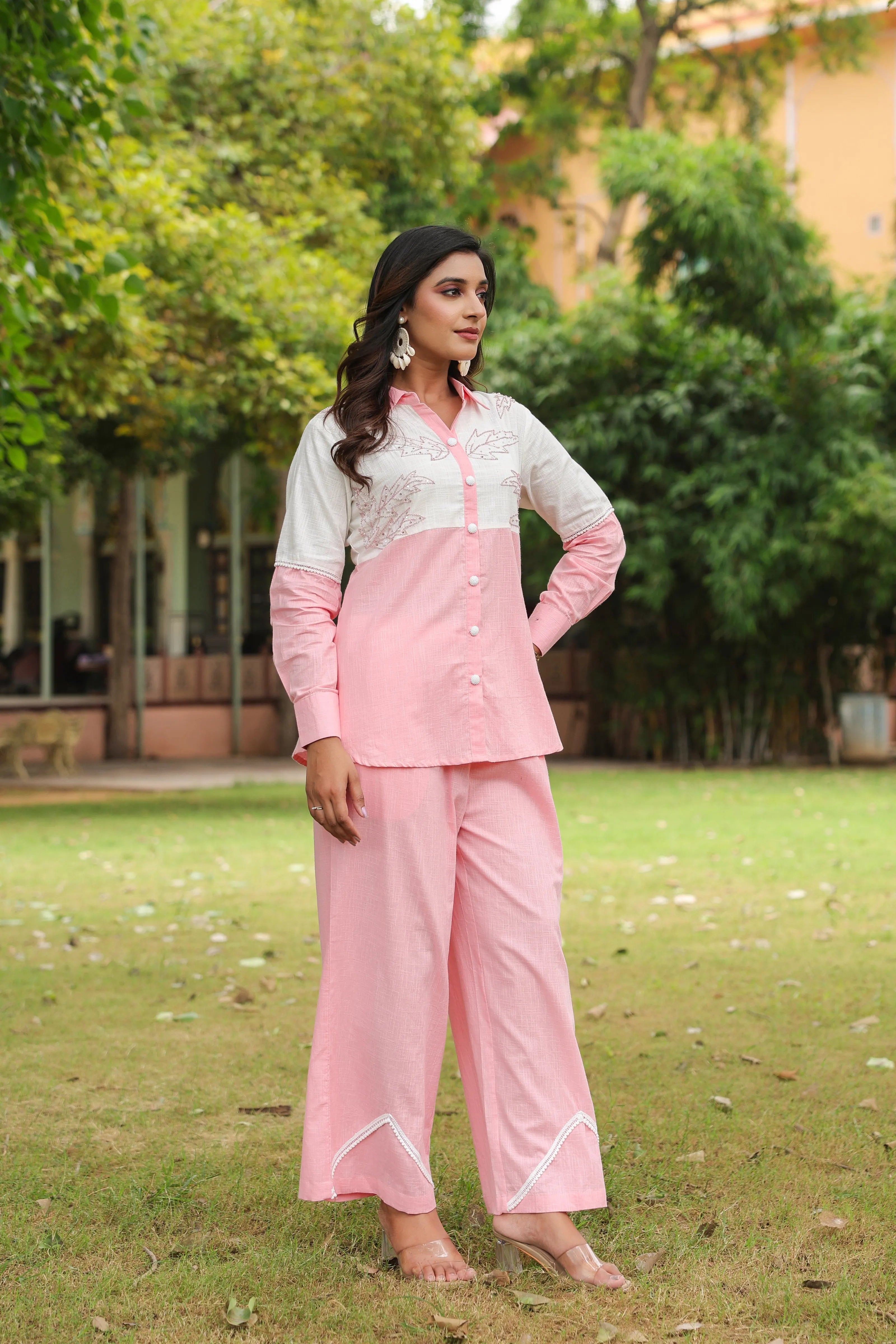 Pink & White Cotton Slub Leaf Embroidered Co-ord Set