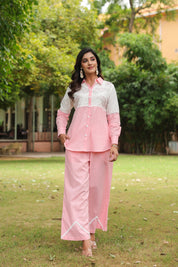 Pink & White Cotton Slub Leaf Embroidered Co-ord Set