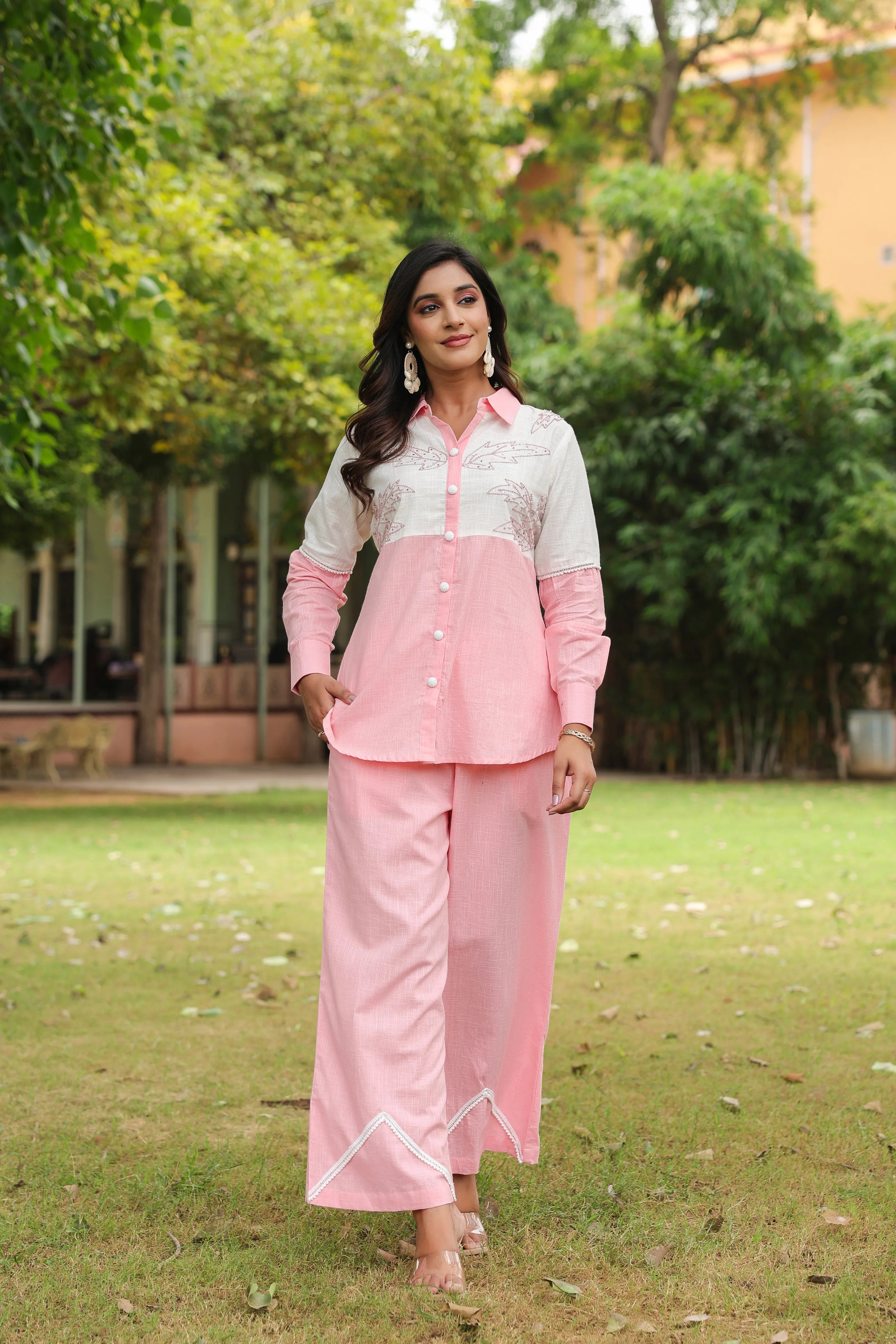 Pink & White Cotton Slub Leaf Embroidered Co-ord Set