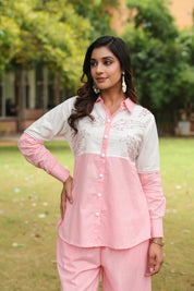 Pink & White Cotton Slub Leaf Embroidered Co-ord Set