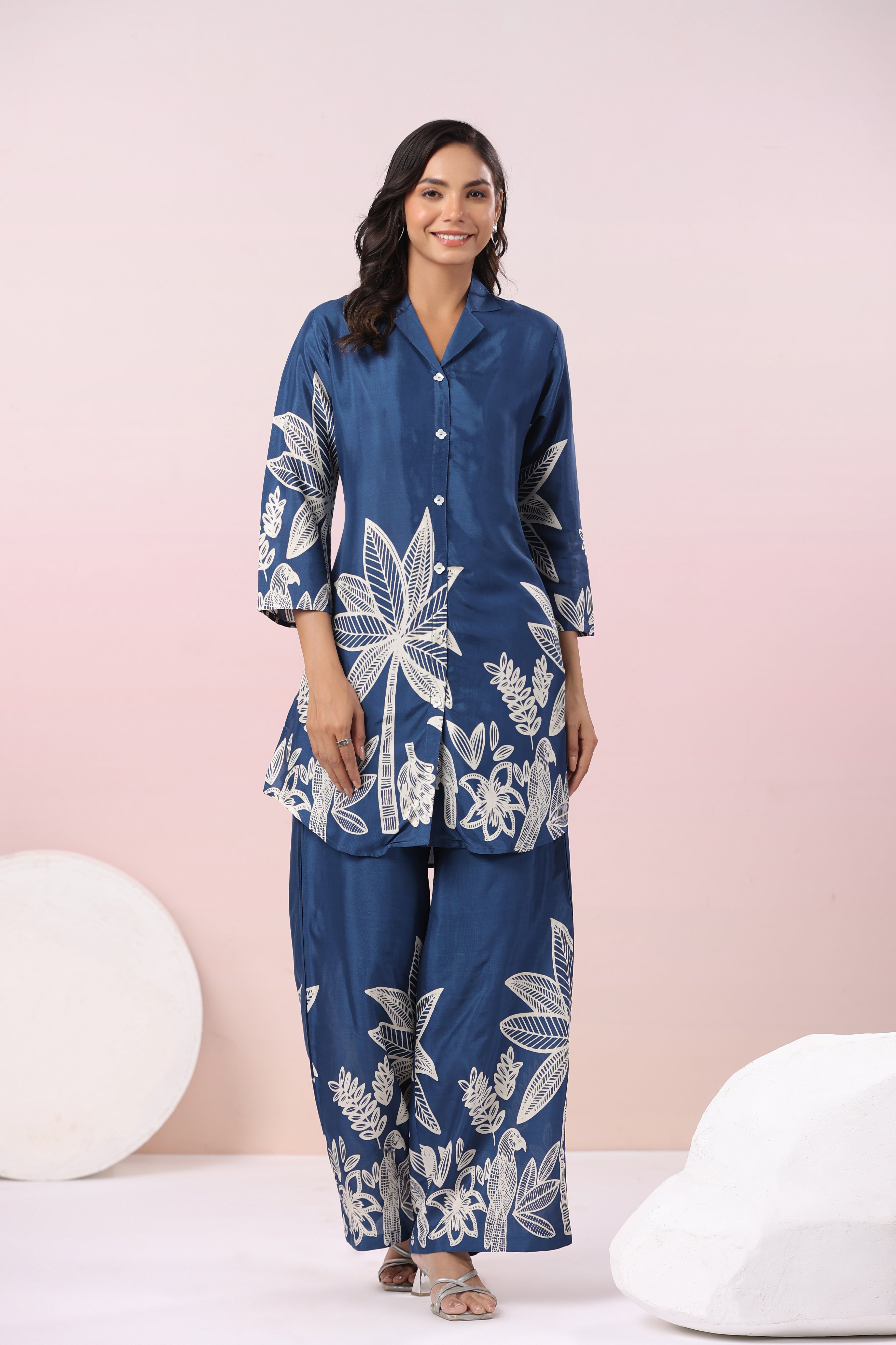 Blue Bold Palm Russian Silk Print Co-Ord Set