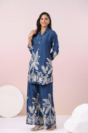 Blue Bold Palm Russian Silk Print Co-Ord Set