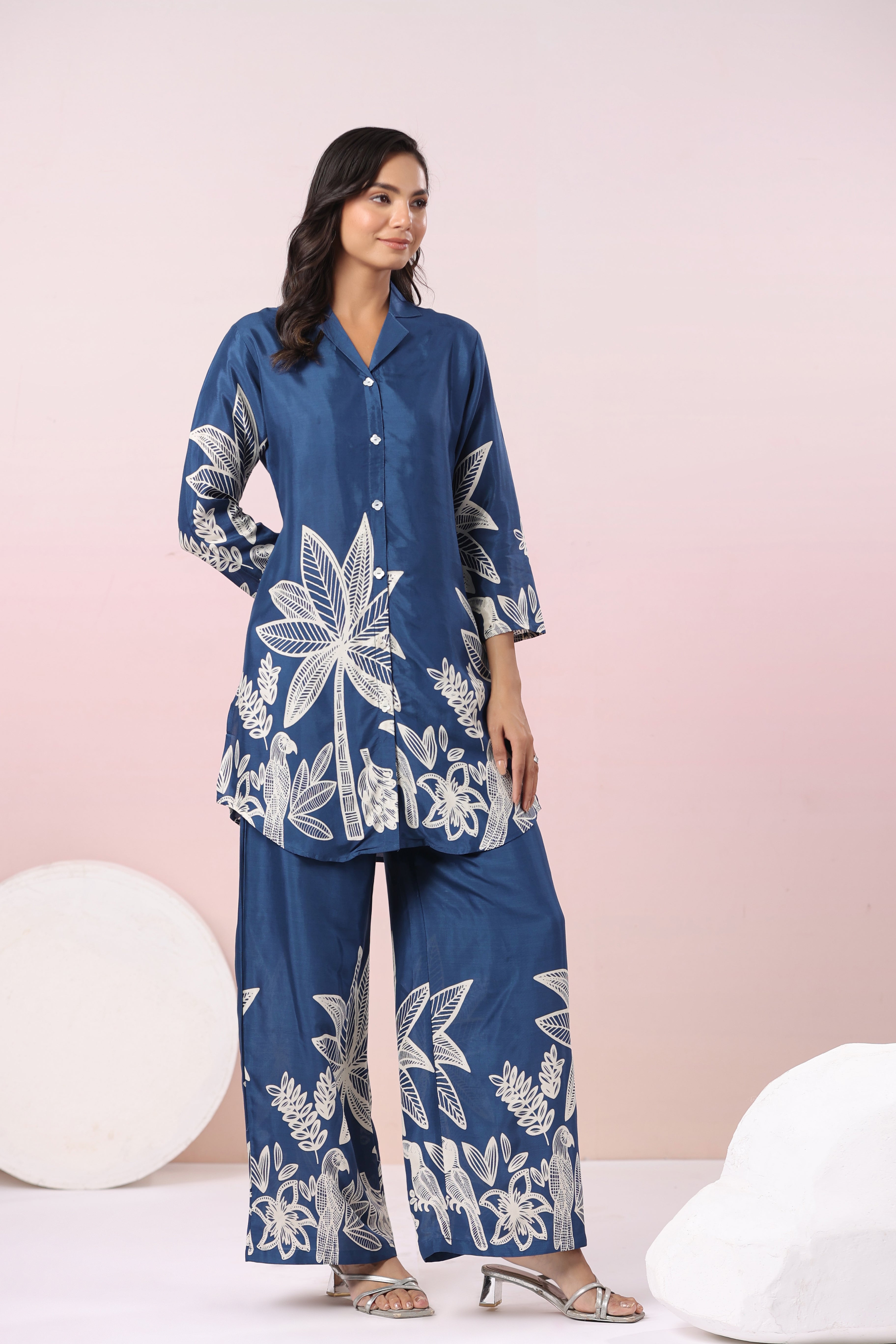 Blue Bold Palm Russian Silk Print Co-Ord Set