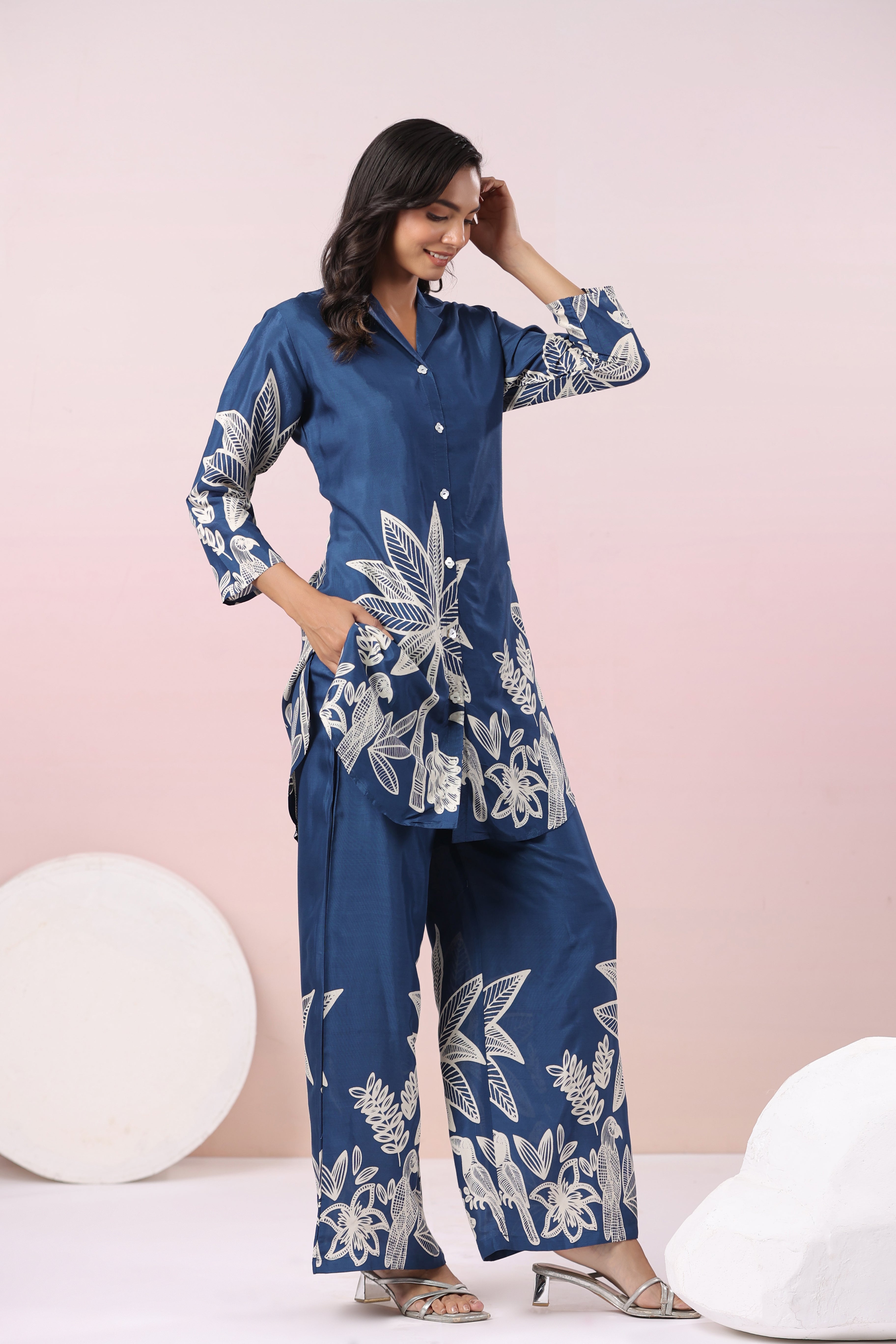 Blue Bold Palm Russian Silk Print Co-Ord Set