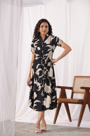 Black Russian Silk Abstract Floral  Printed Midi Dress