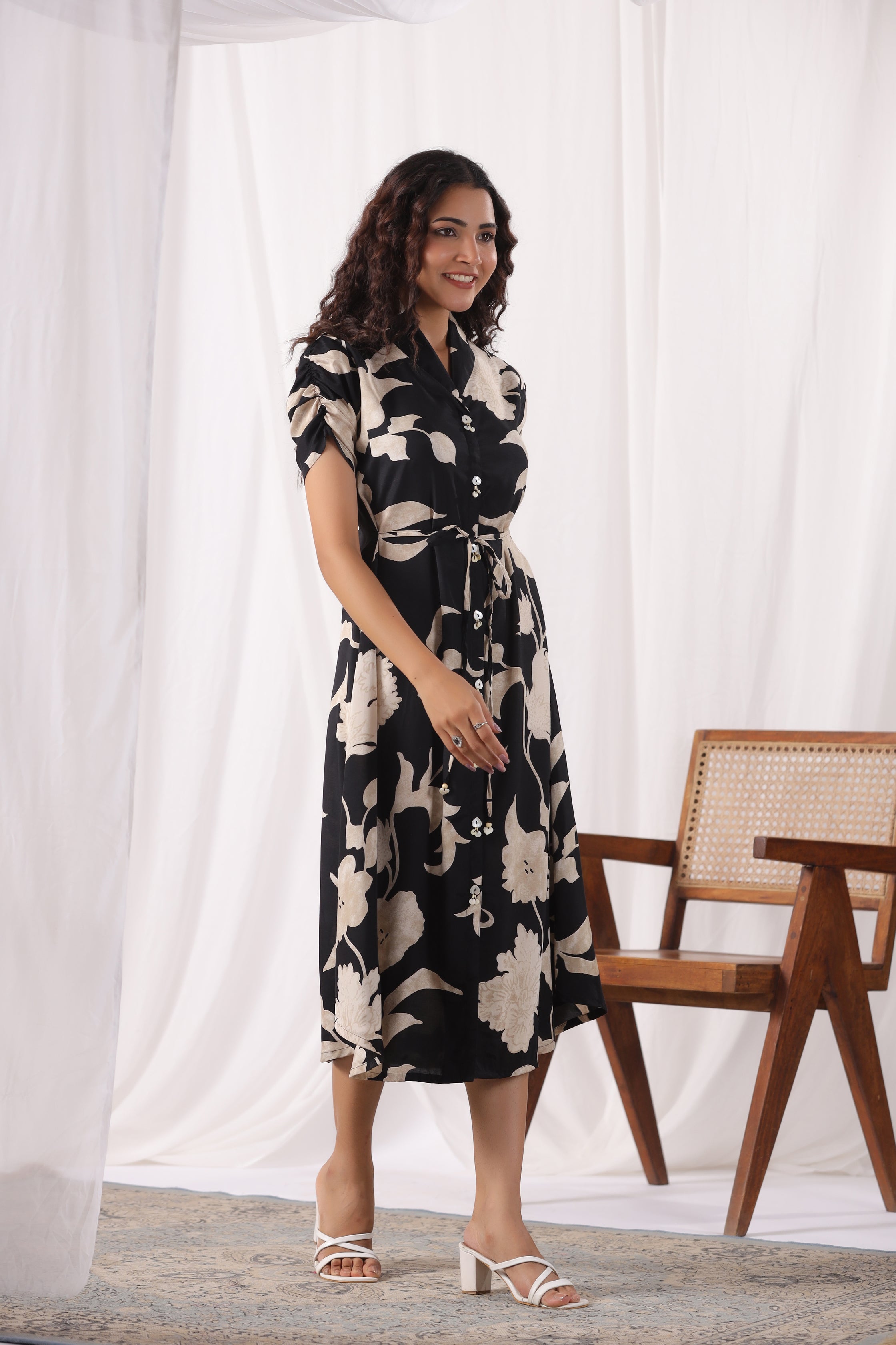 Black Russian Silk Abstract Floral  Printed Midi Dress