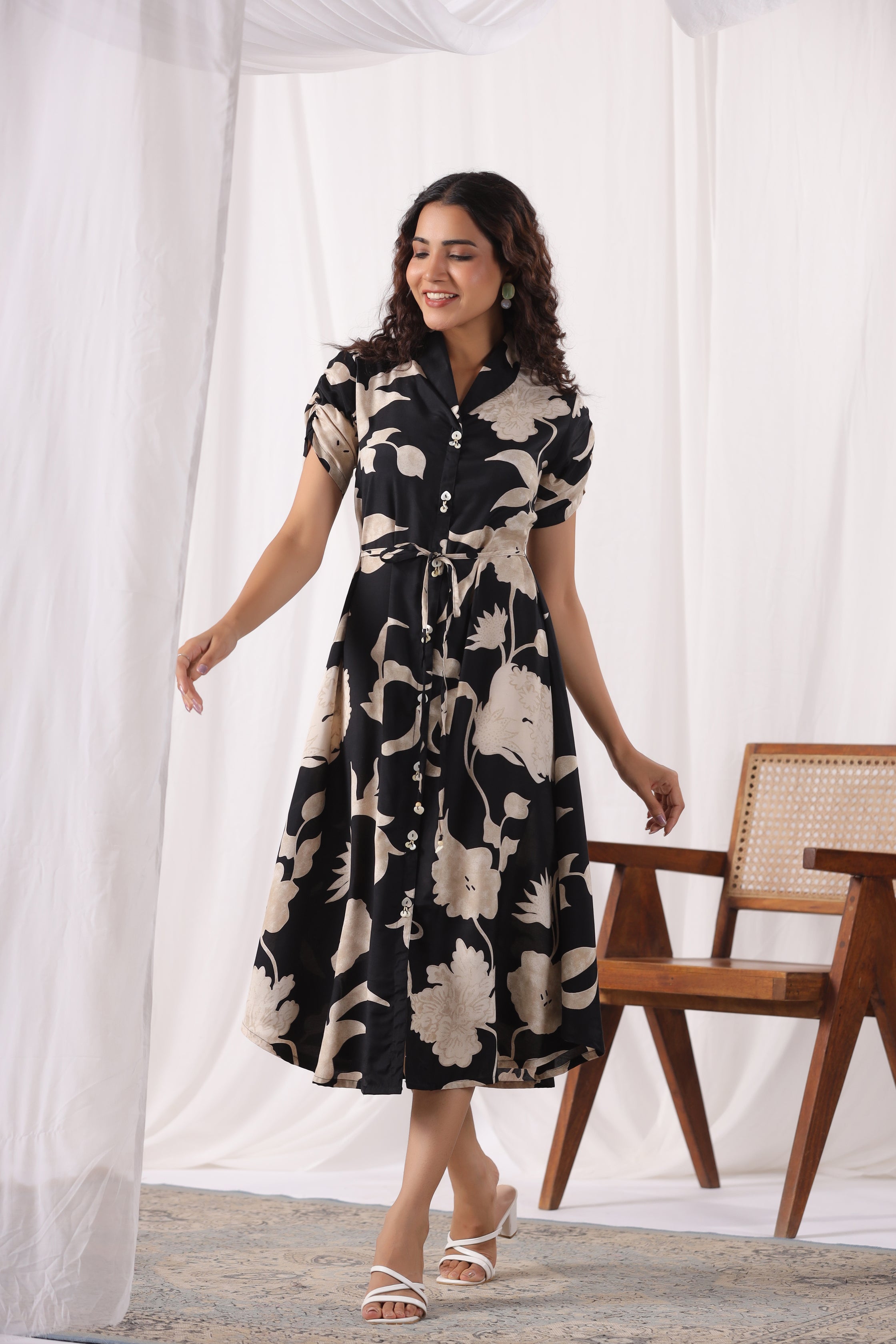 Black Russian Silk Abstract Floral  Printed Midi Dress