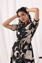 Black Russian Silk Abstract Floral  Printed Midi Dress