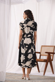 Black Russian Silk Abstract Floral  Printed Midi Dress