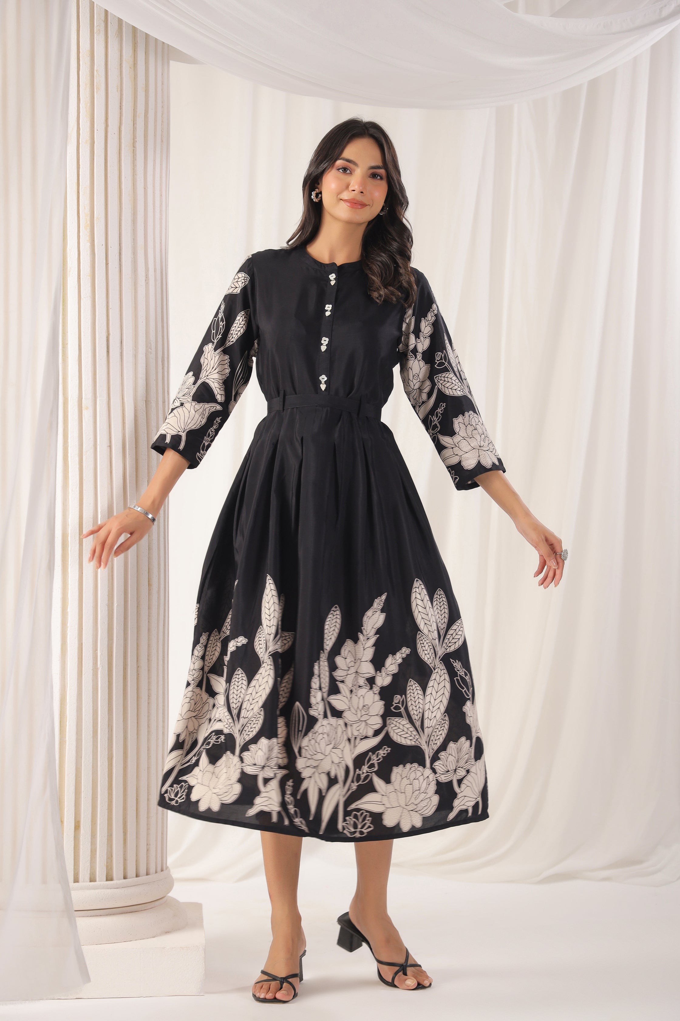 Black  Russian Silk Floral Printed Midi  Dress