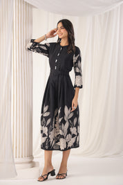 Black  Russian Silk Floral Printed Midi  Dress