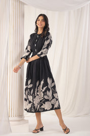 Black  Russian Silk Floral Printed Midi  Dress