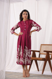 Maroon Base With Cream Color Bold Flower Motif  Midi Dress