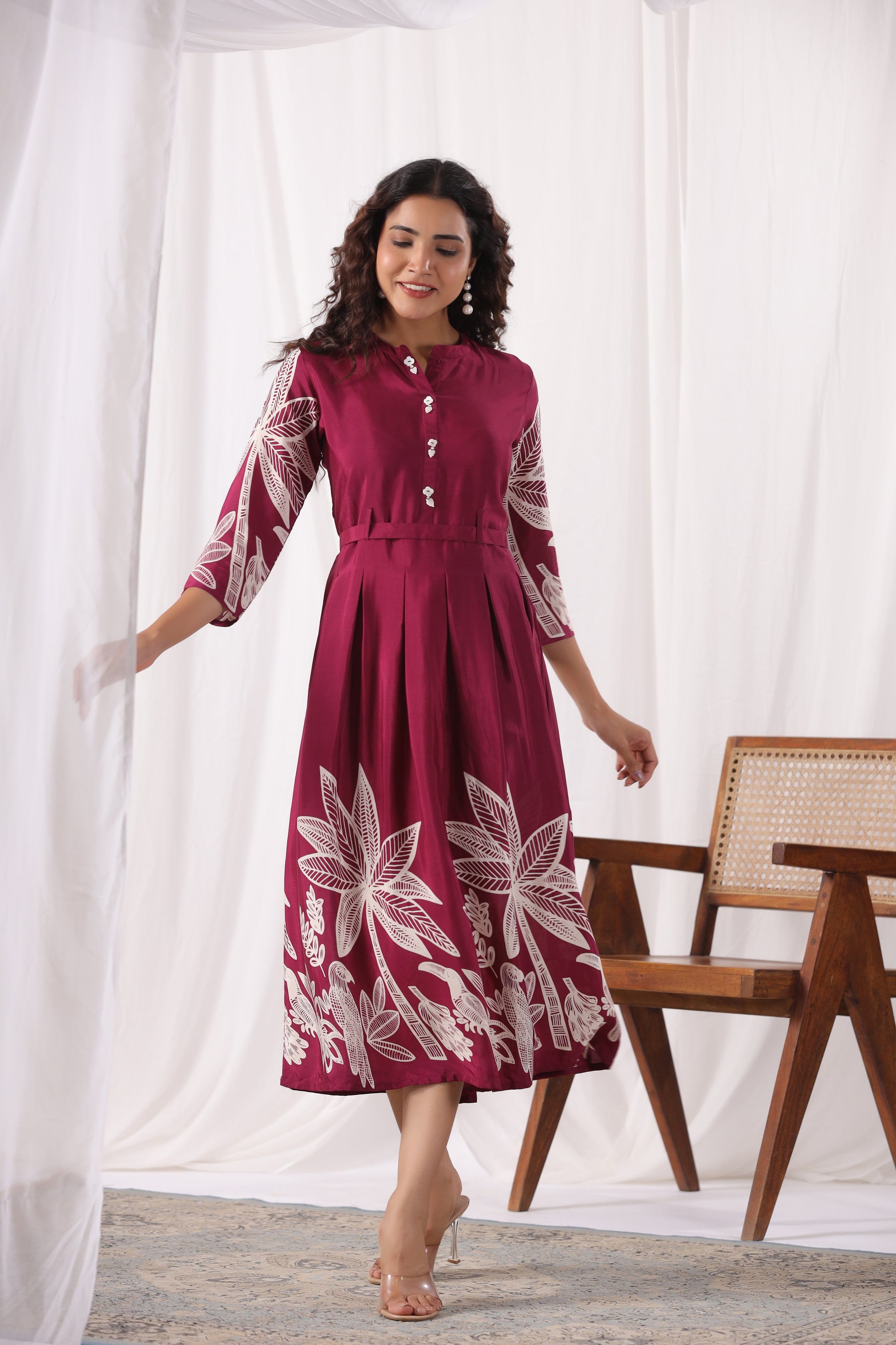 Maroon Base With Cream Color Bold Flower Motif  Midi Dress