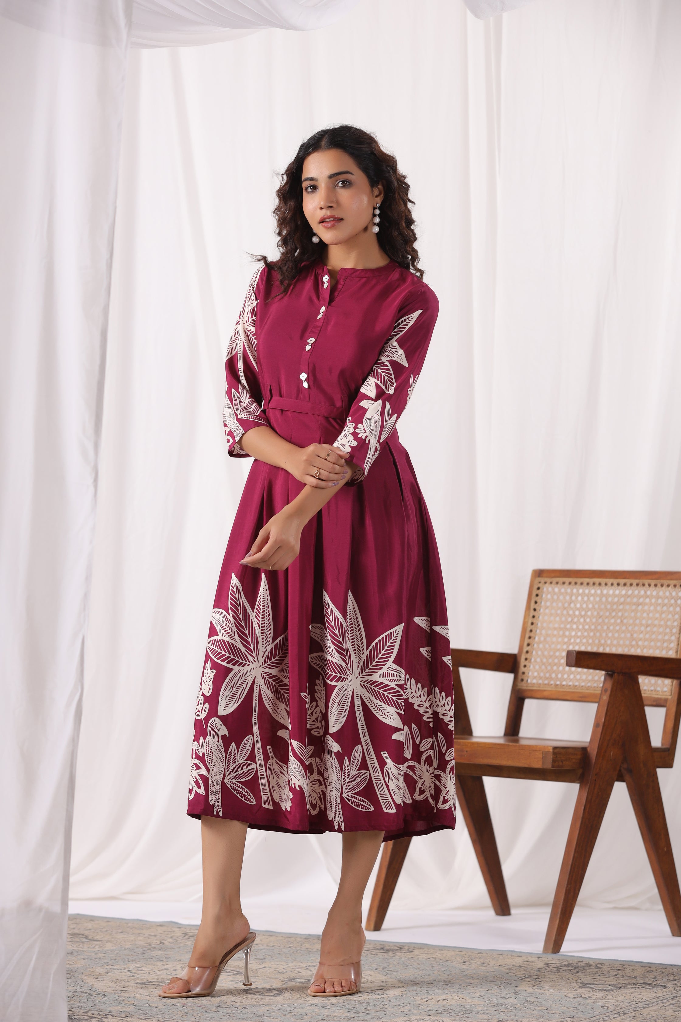 Maroon Base With Cream Color Bold Flower Motif  Midi Dress