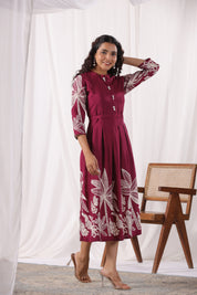 Maroon Base With Cream Color Bold Flower Motif  Midi Dress