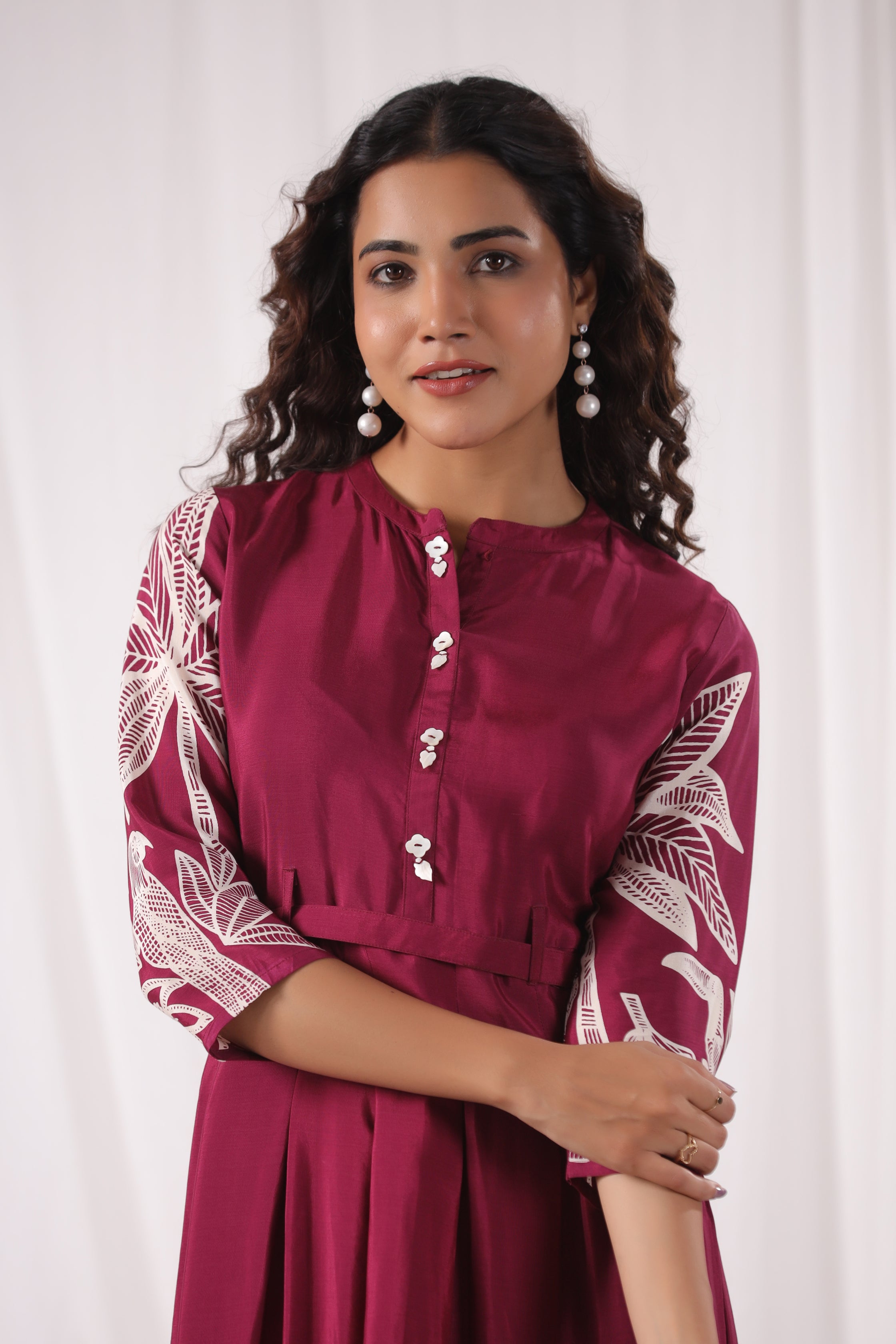 Maroon Base With Cream Color Bold Flower Motif  Midi Dress