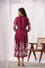 Maroon Base With Cream Color Bold Flower Motif  Midi Dress