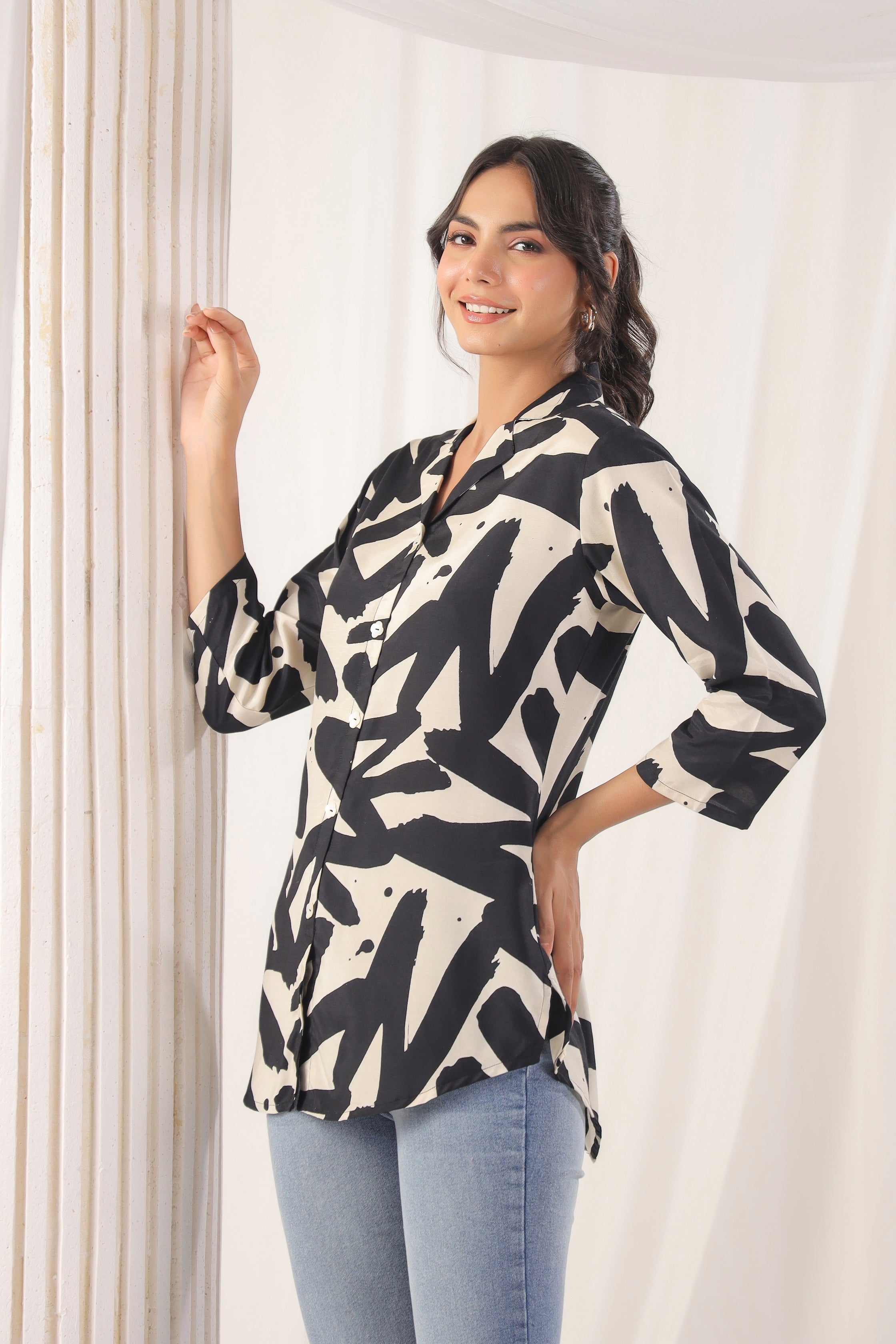 Black Russian Silk Floral Printed  Top