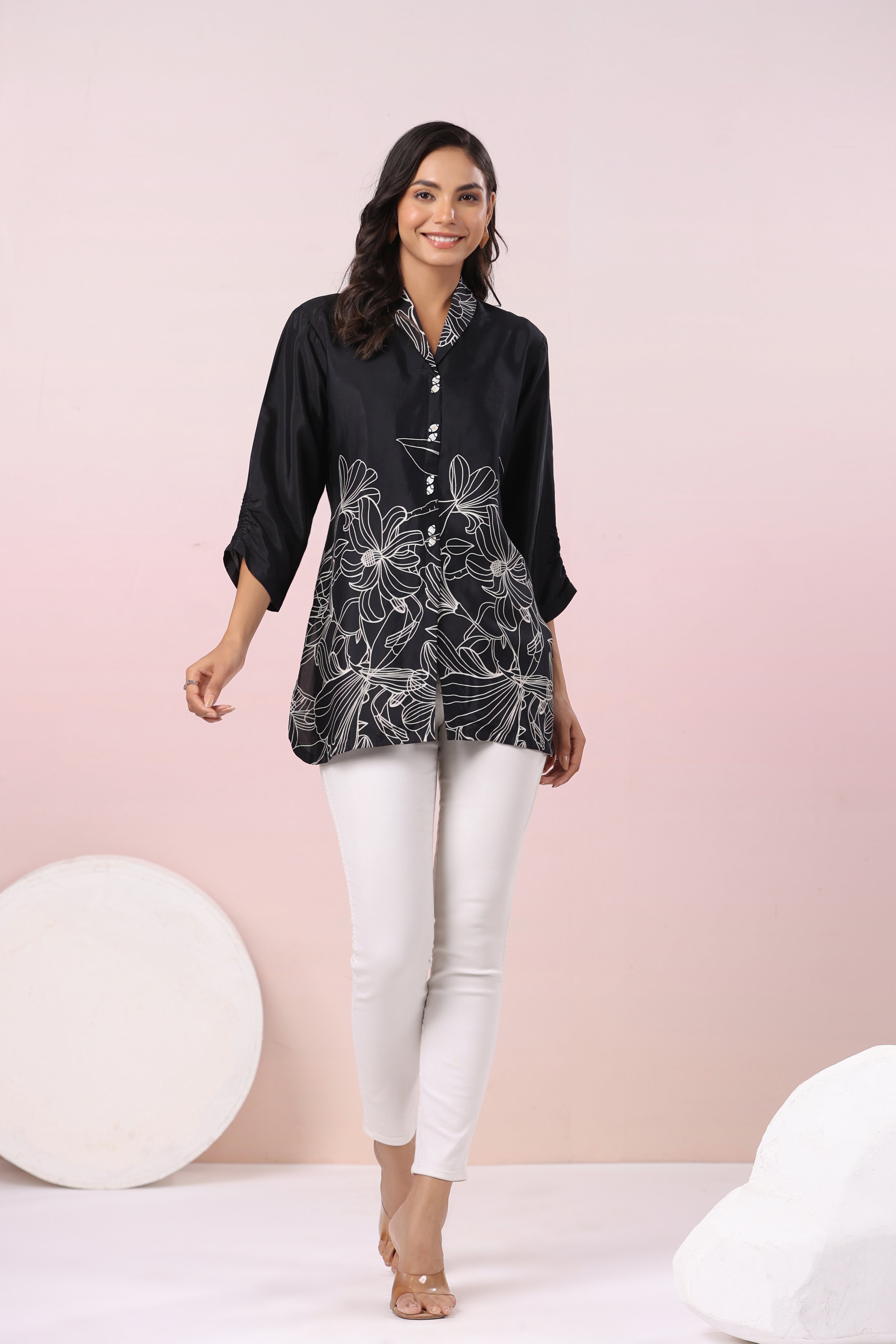 Black Cat Floral Printed Russian Silk Tunic