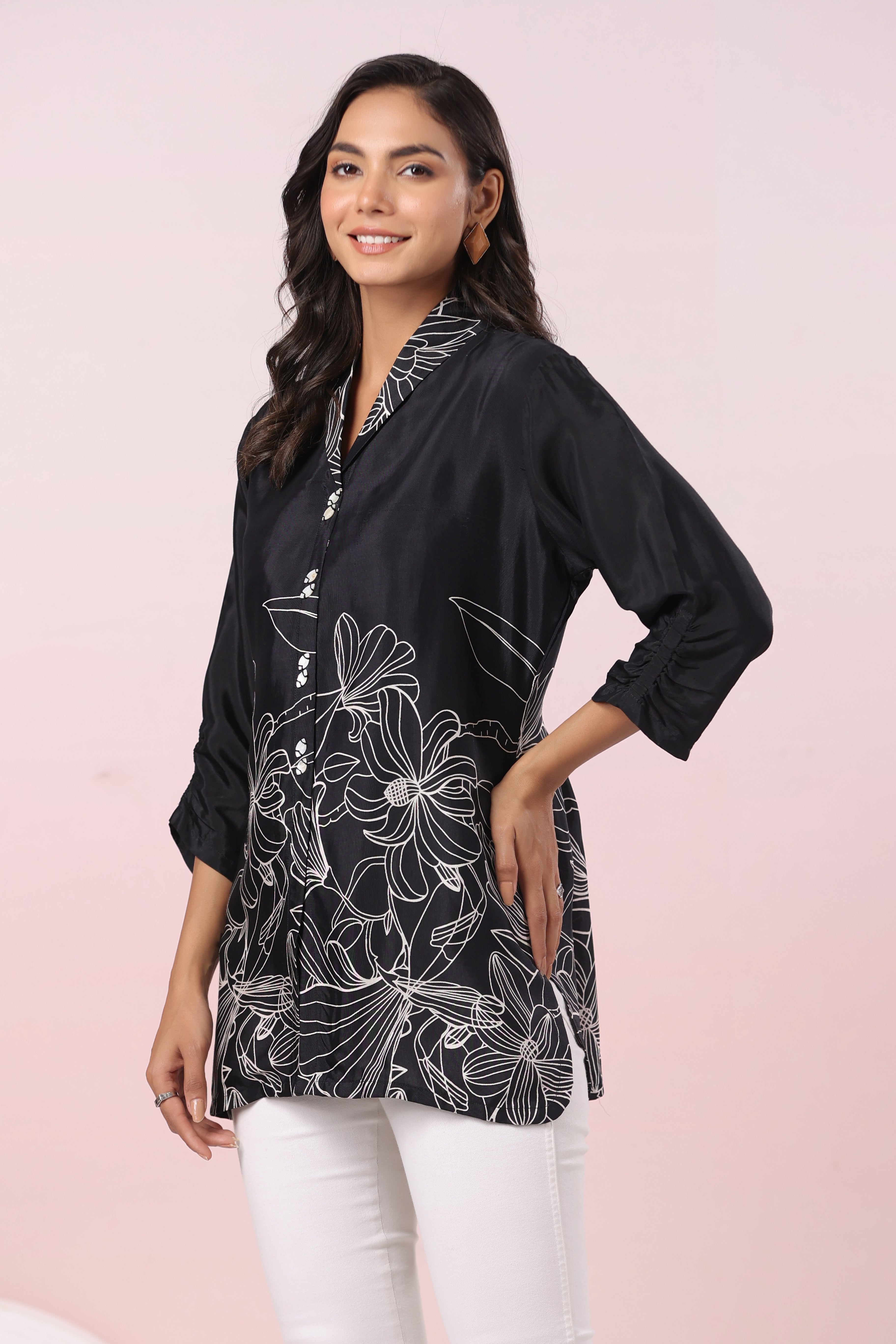 Black Cat Floral Printed Russian Silk Tunic