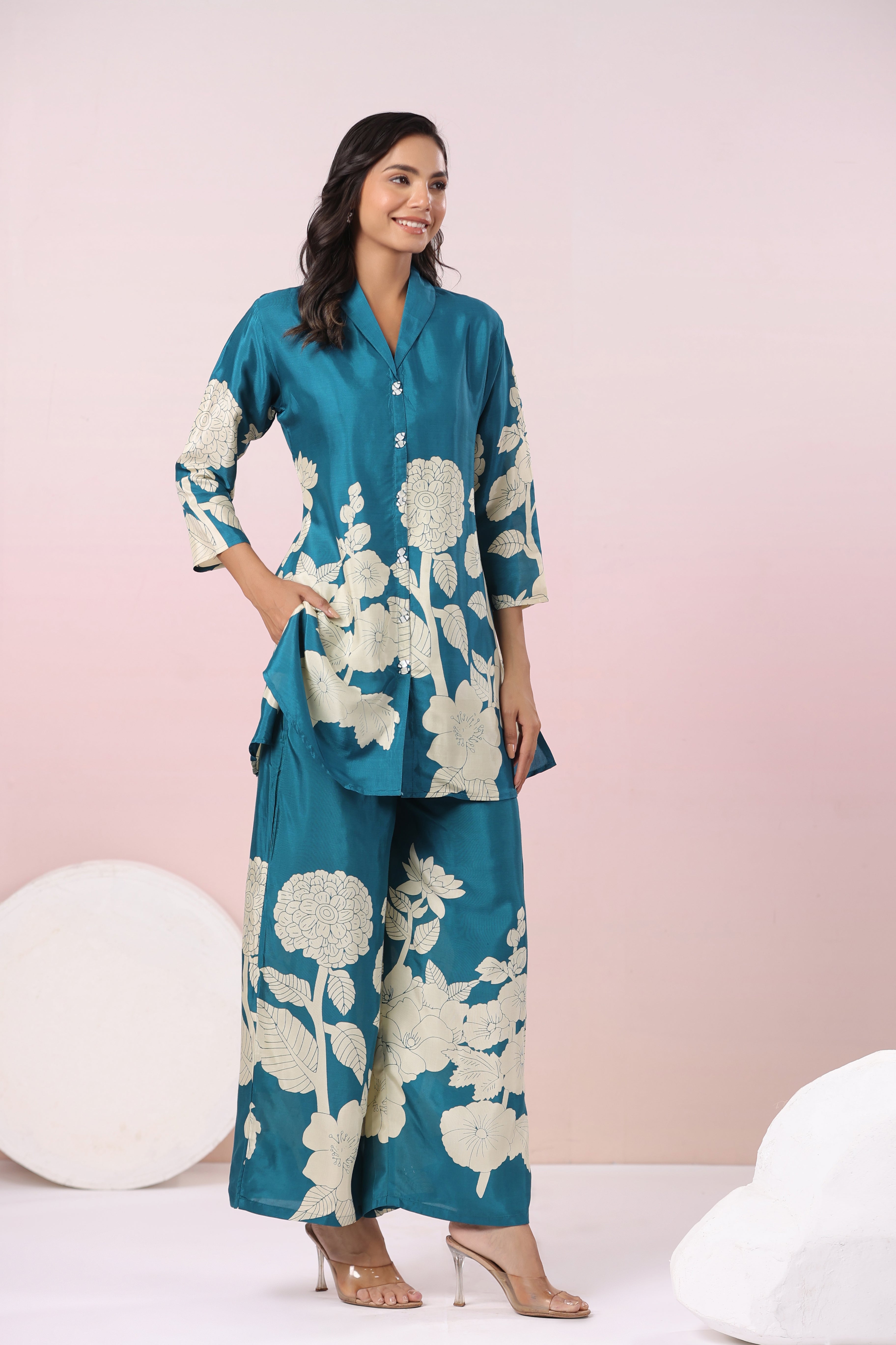 Teal Blue Bold Palm Russian Silk Print Co-Ord Set