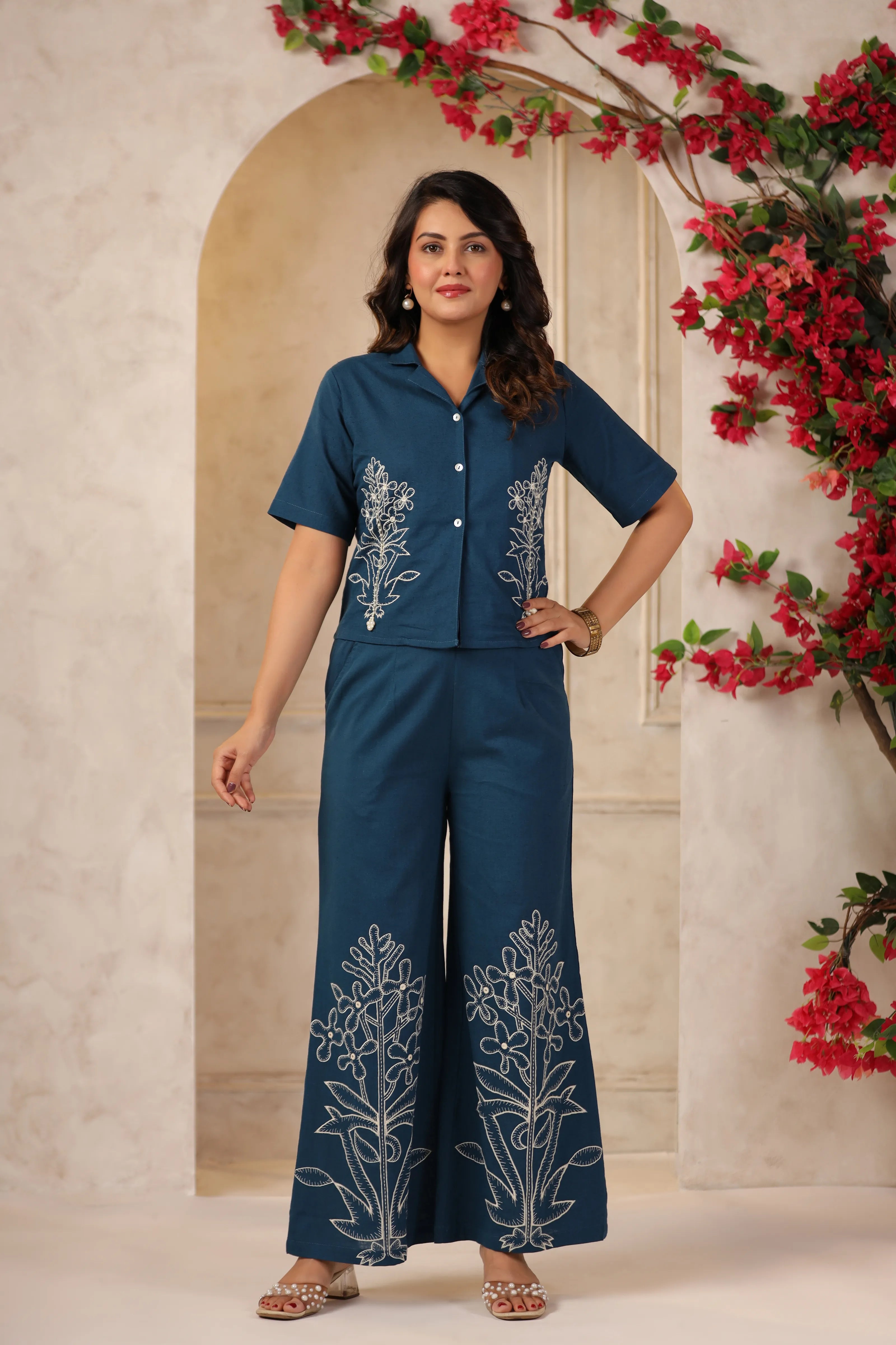 Prussian Blue Embroidered Cotton Flex Co-ord Set