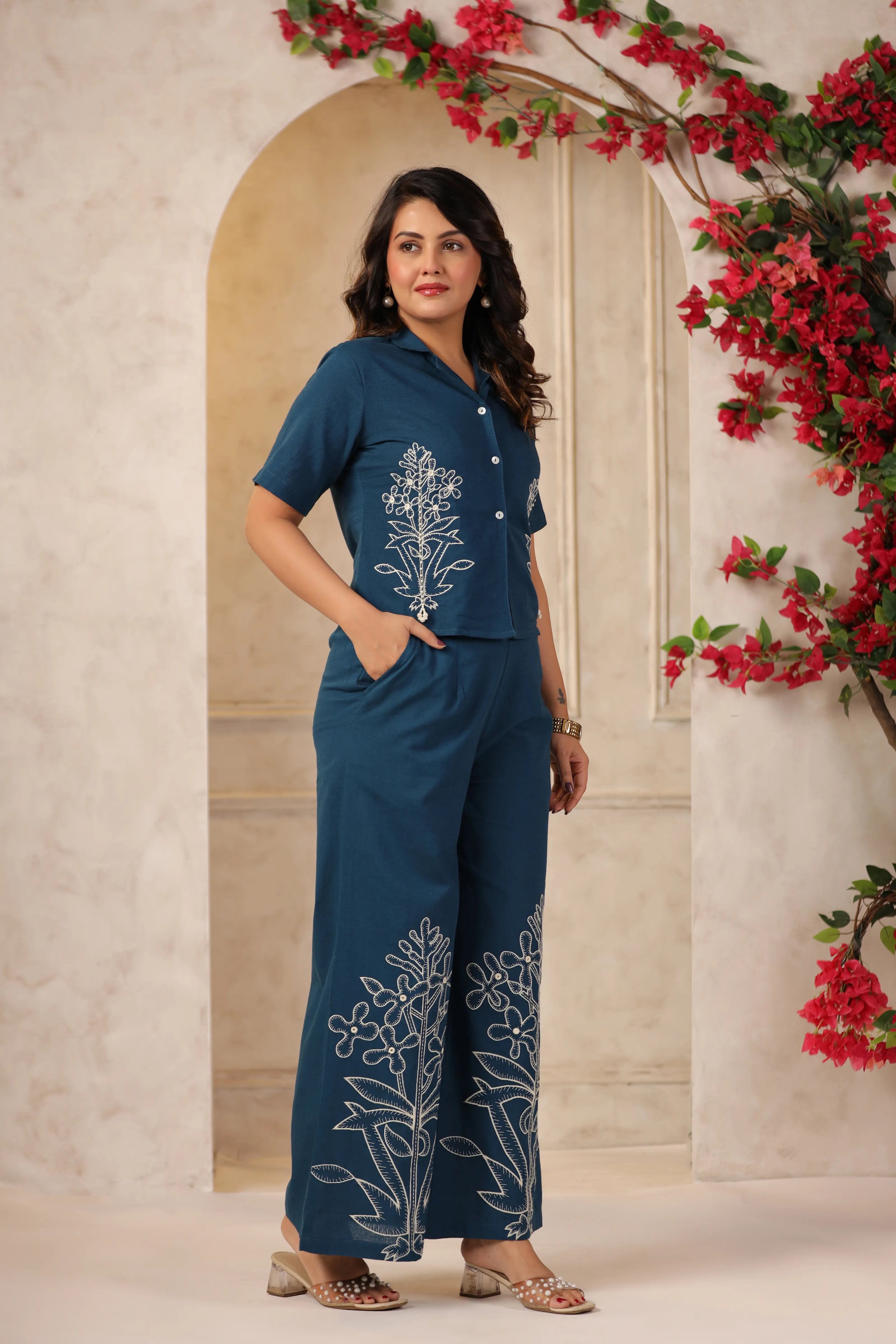 Prussian Blue Embroidered Cotton Flex Co-ord Set