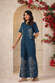 Prussian Blue Embroidered Cotton Flex Co-ord Set