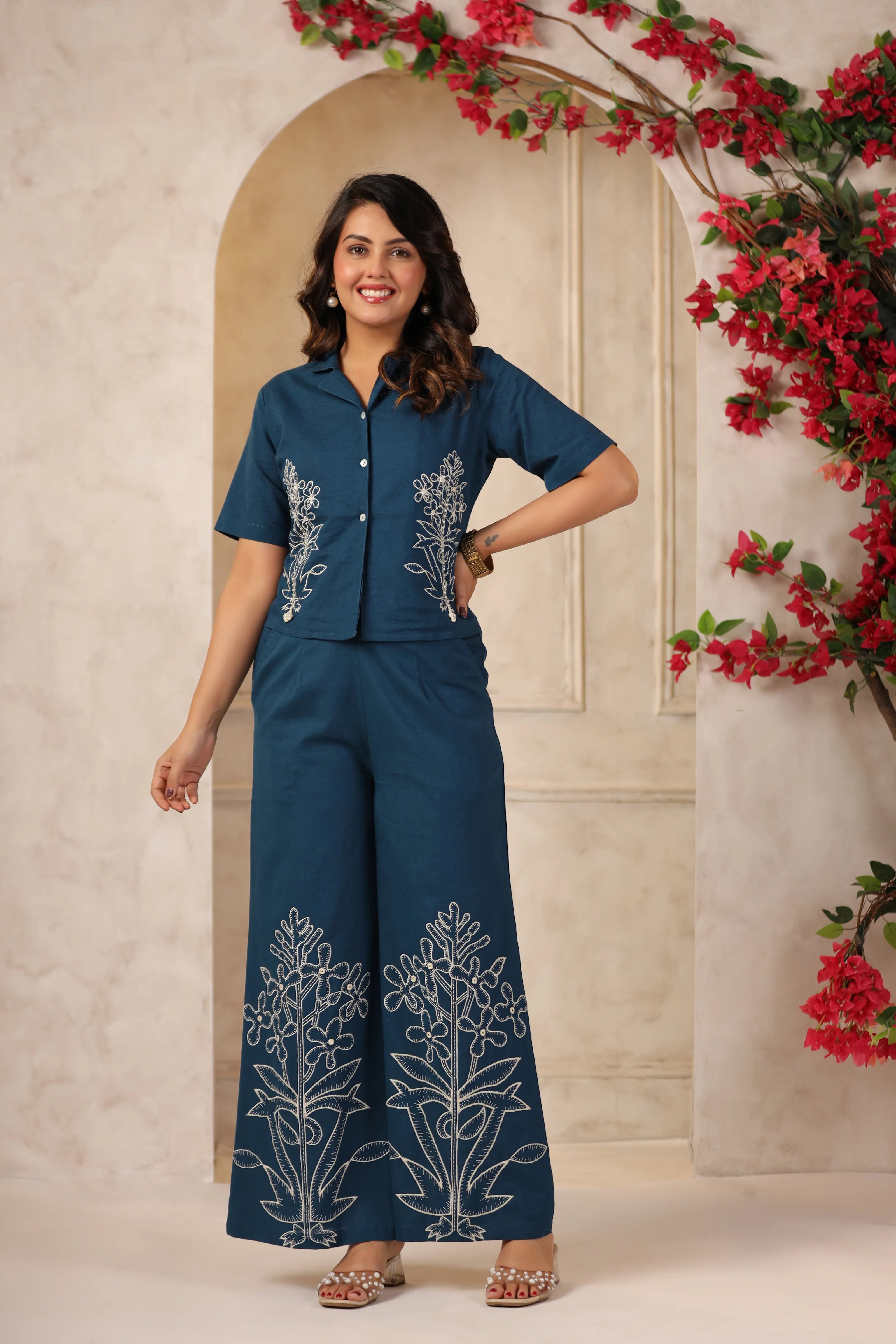 Prussian Blue Embroidered Cotton Flex Co-ord Set
