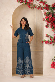 Prussian Blue Embroidered Cotton Flex Co-ord Set