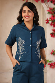 Prussian Blue Embroidered Cotton Flex Co-ord Set