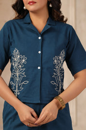 Prussian Blue Embroidered Cotton Flex Co-ord Set