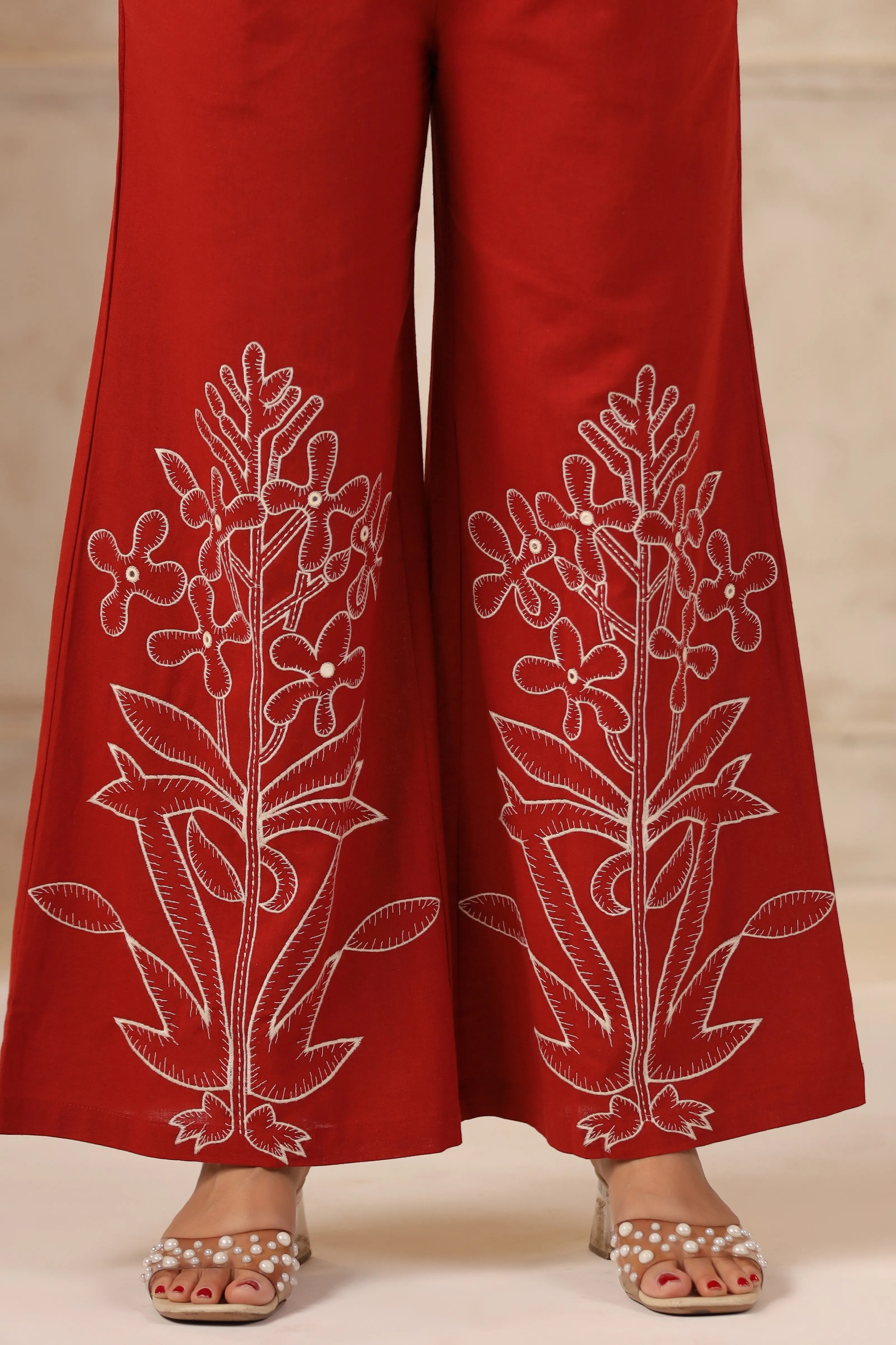 Brick Red Embroidered Cotton Flex Co-ord Set