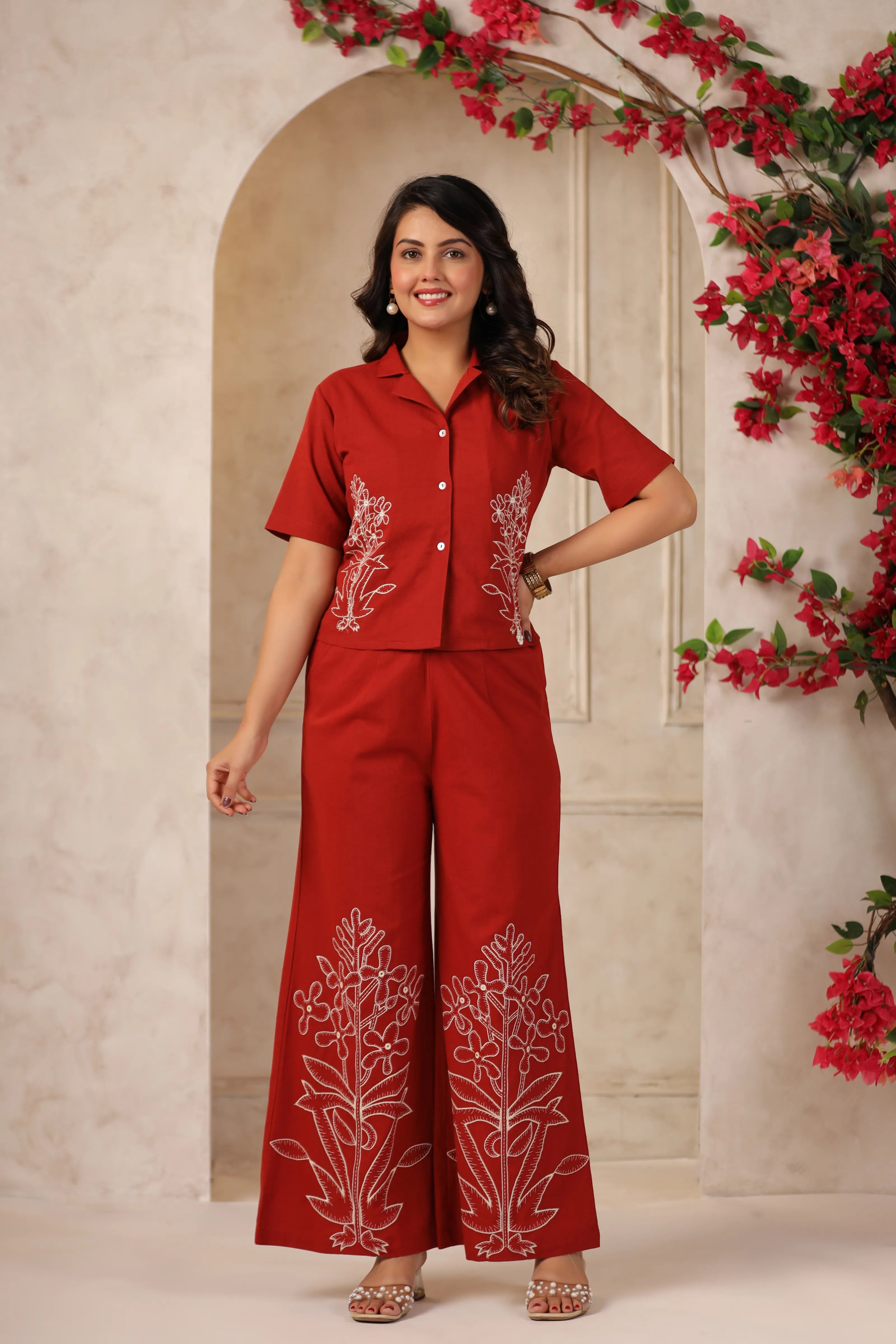 Brick Red Embroidered Cotton Flex Co-ord Set