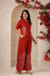 Brick Red Embroidered Cotton Flex Co-ord Set