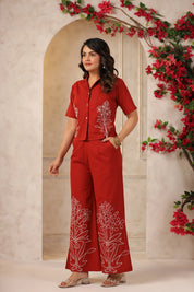 Brick Red Embroidered Cotton Flex Co-ord Set