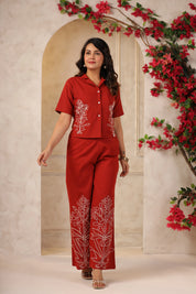 Brick Red Embroidered Cotton Flex Co-ord Set