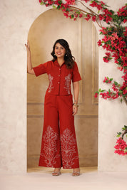 Brick Red Embroidered Cotton Flex Co-ord Set