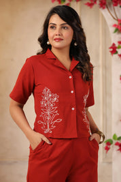Brick Red Embroidered Cotton Flex Co-ord Set