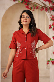 Brick Red Embroidered Cotton Flex Co-ord Set