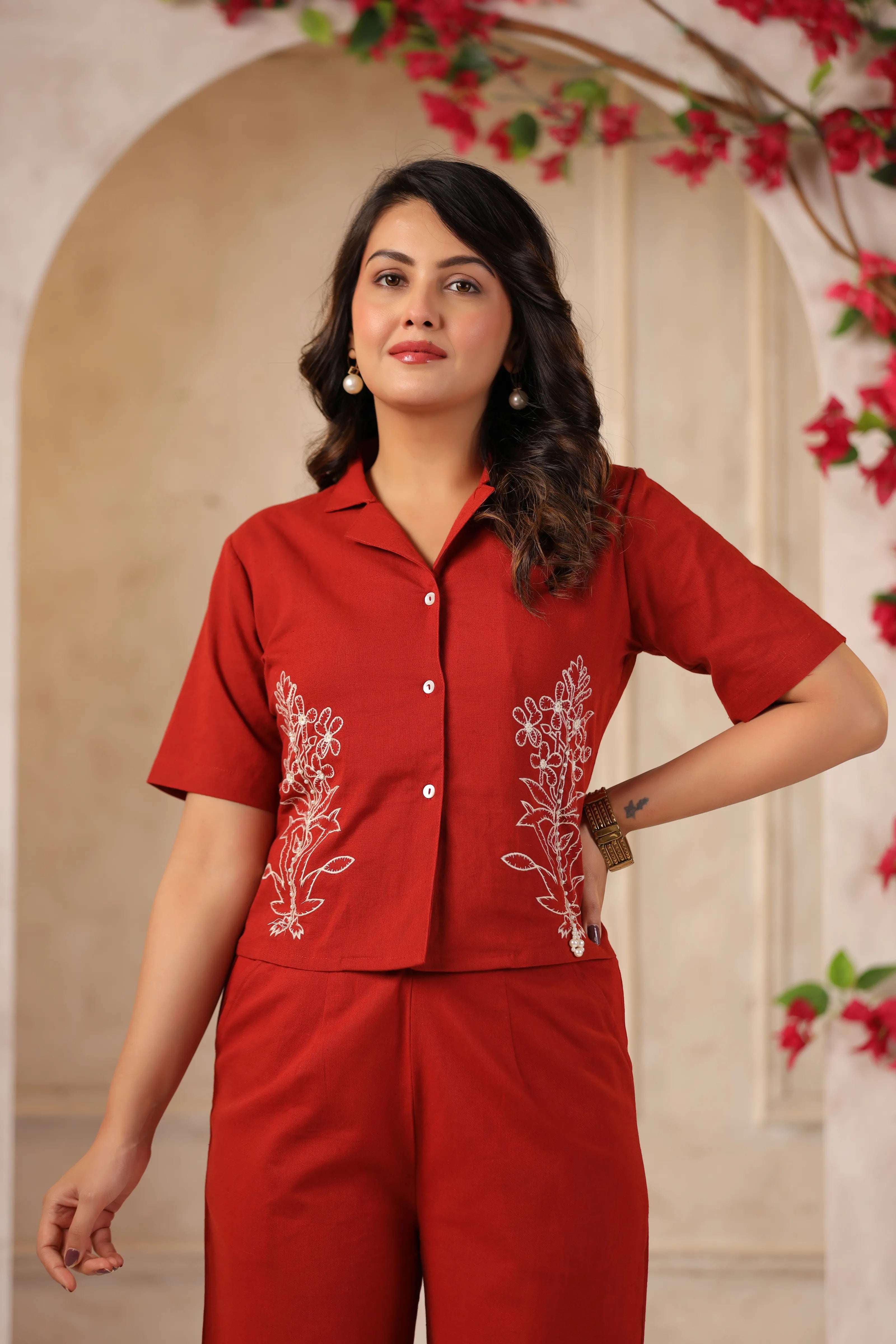 Brick Red Embroidered Cotton Flex Co-ord Set