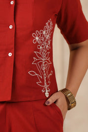 Brick Red Embroidered Cotton Flex Co-ord Set