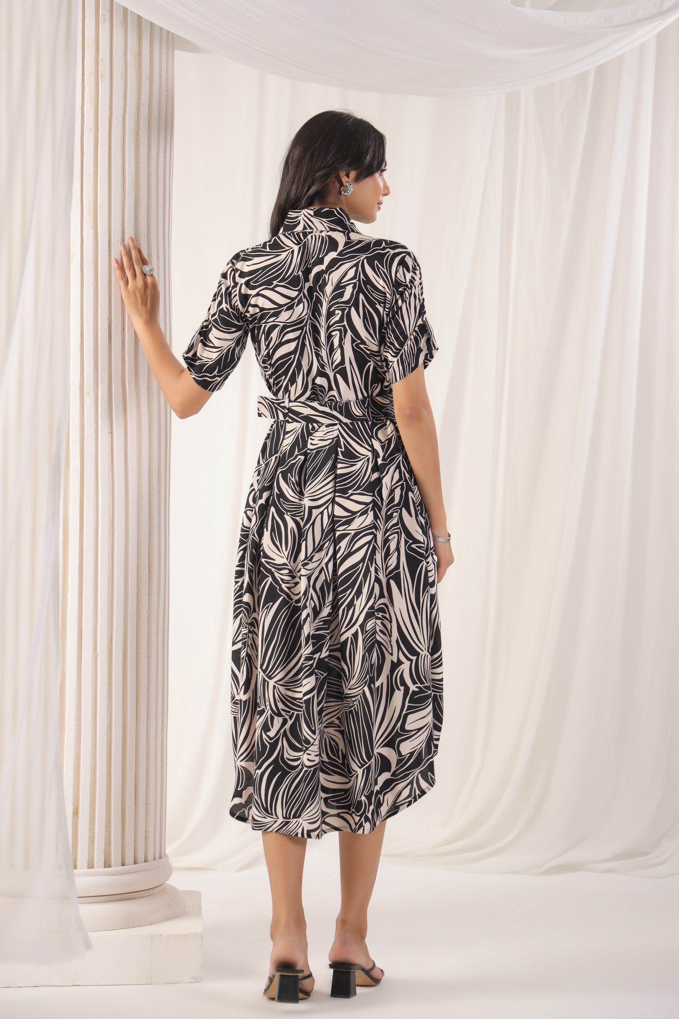 Black Russian Silk Floral Printed Midi Dress