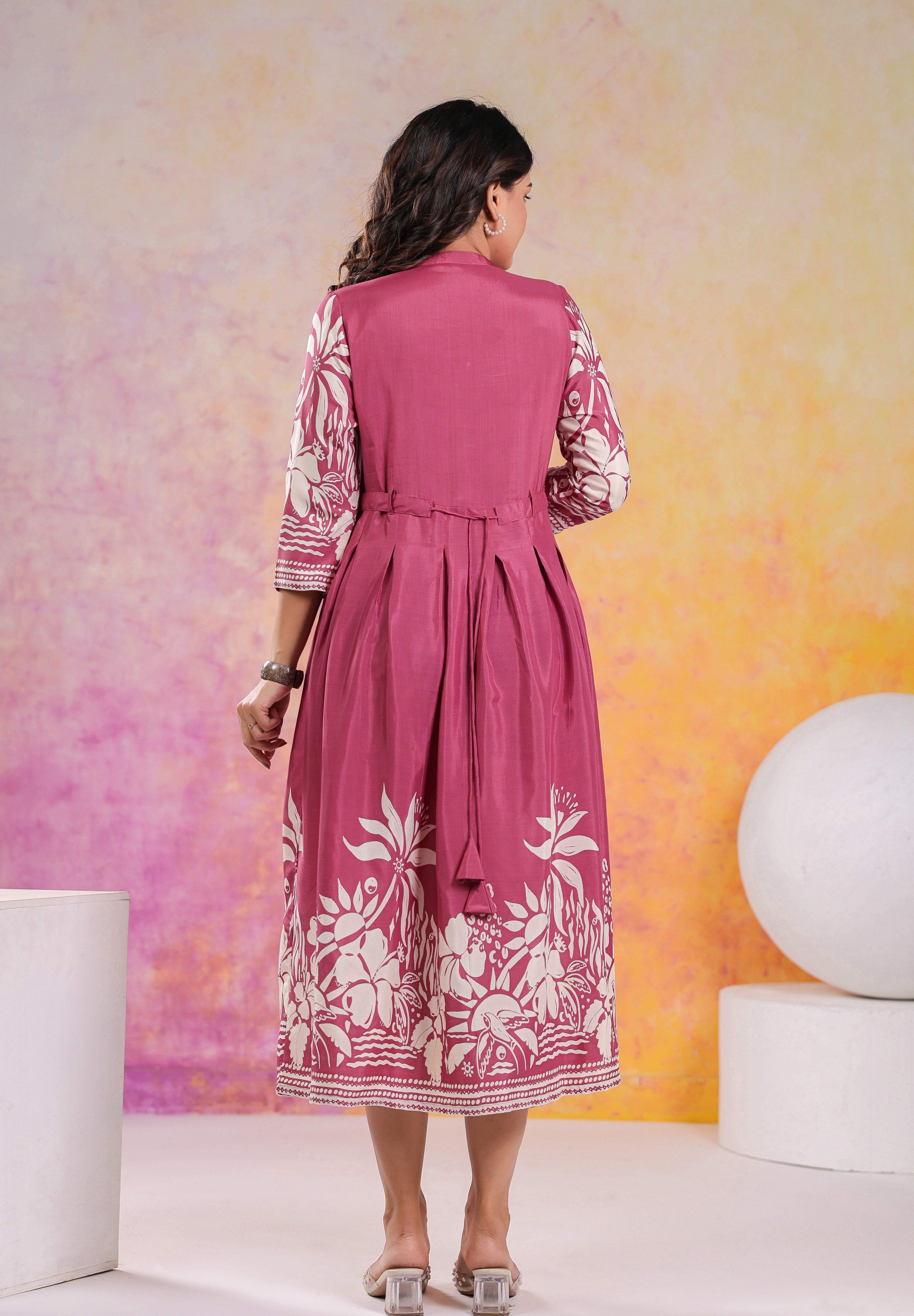 Mauve Russian Silk Floral  Printed Midi Dress