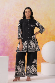 Black Floral Printed Russian Silk Co-Ord Set