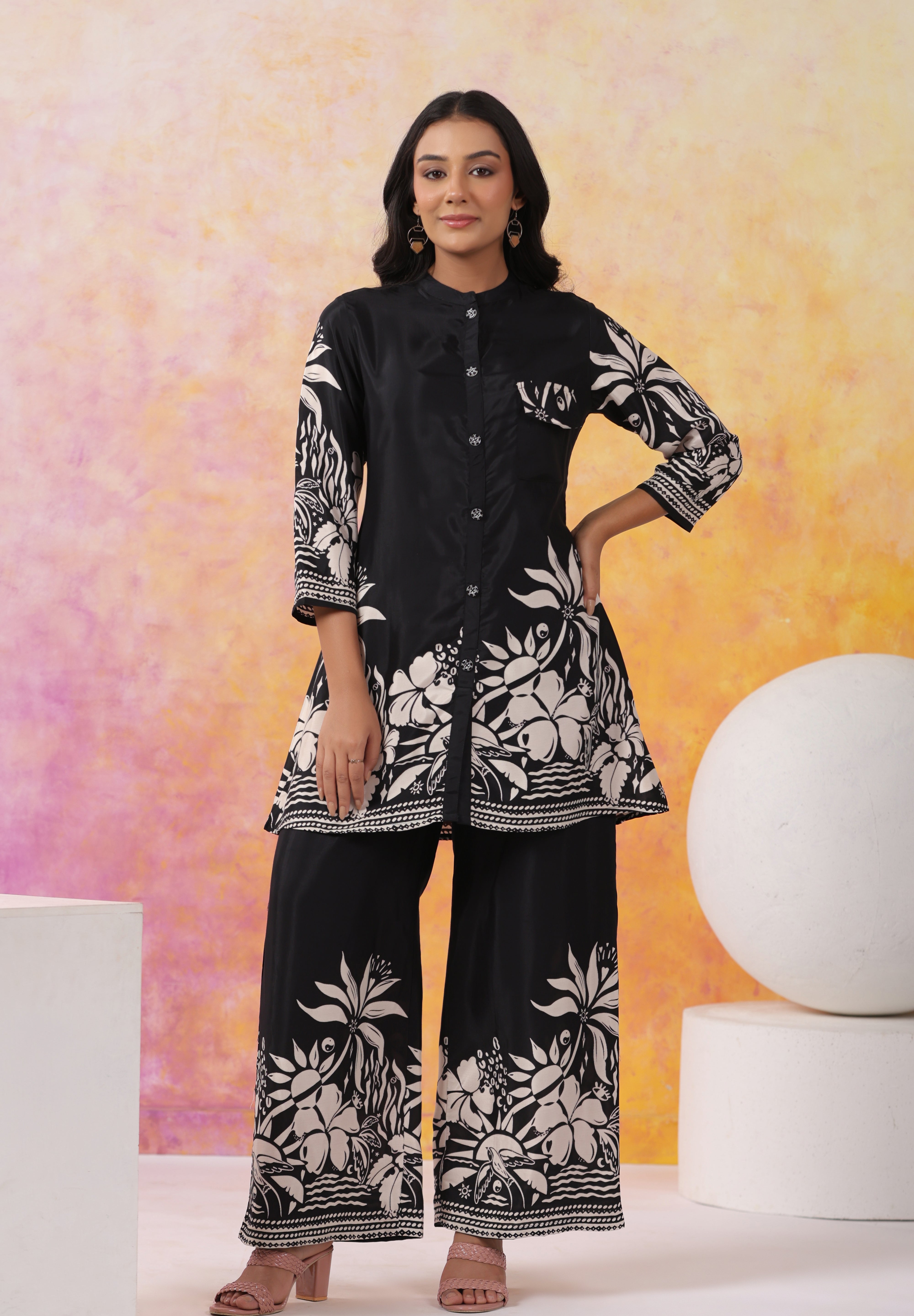 Black Floral Printed Russian Silk Co-Ord Set